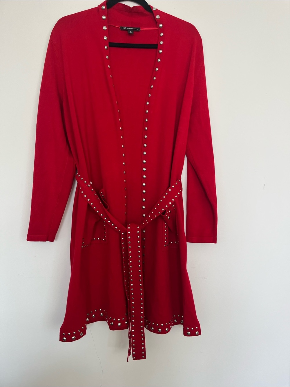 INC International Concepts Red Open-Front Cardigan with Silver Studs